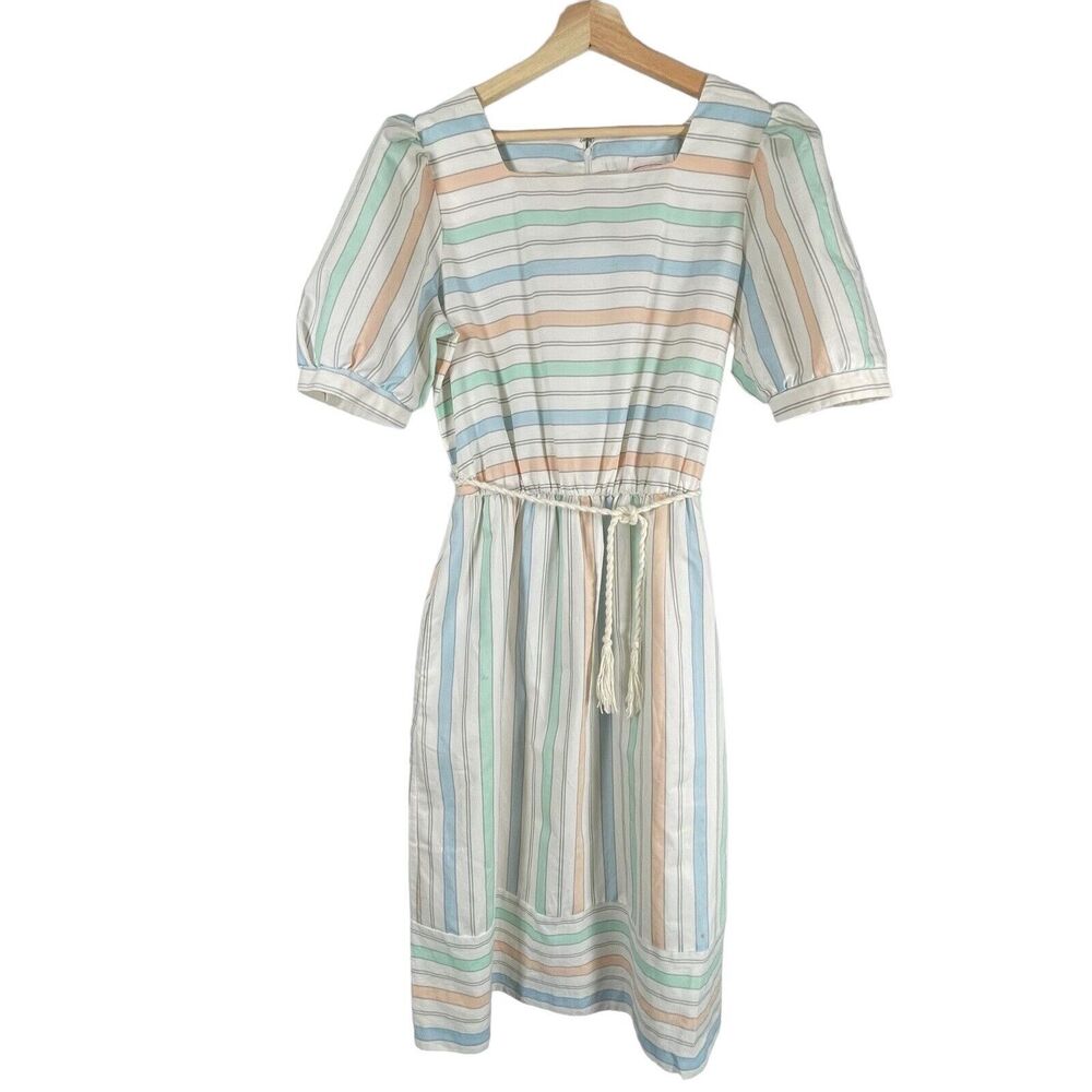 Vintage AMY DEB 70s 80s Pastel Striped MIDI Dress WOMENS SIZE MEDIUM Classic